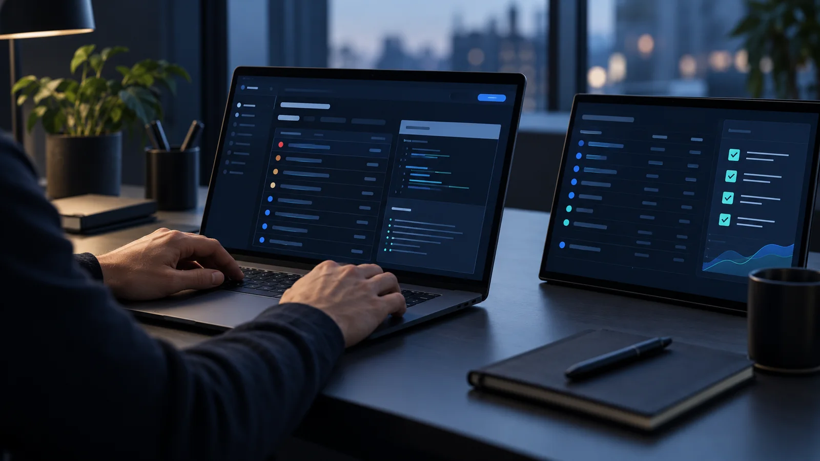 Illustration of a security analyst reviewing web application findings and a remediation checklist.